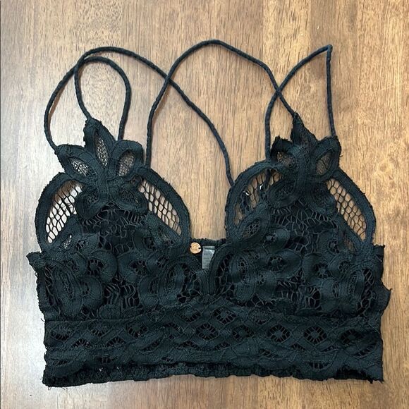 Free People FP One Adella Bralette Black XS Crochet Lace Longline Mesh Strappy - Picture 2 of 4